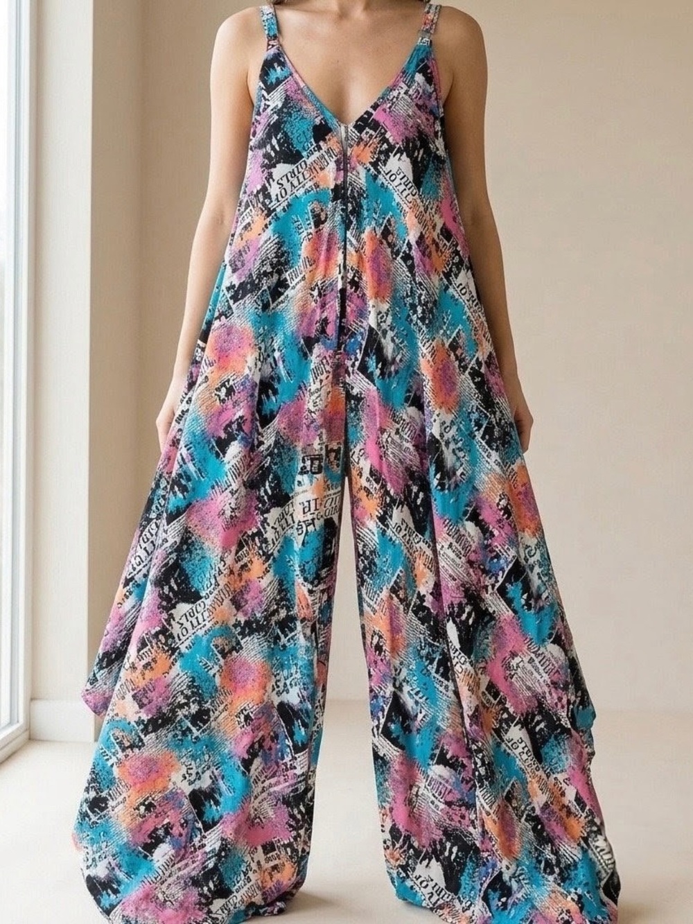 “City of Girls" Abstract Newspaper Print Palazzo Jumpsuit - One Size